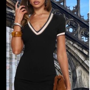 🎉Sportive V-neck rib knit bodycon dress with striped trim and short sleeves